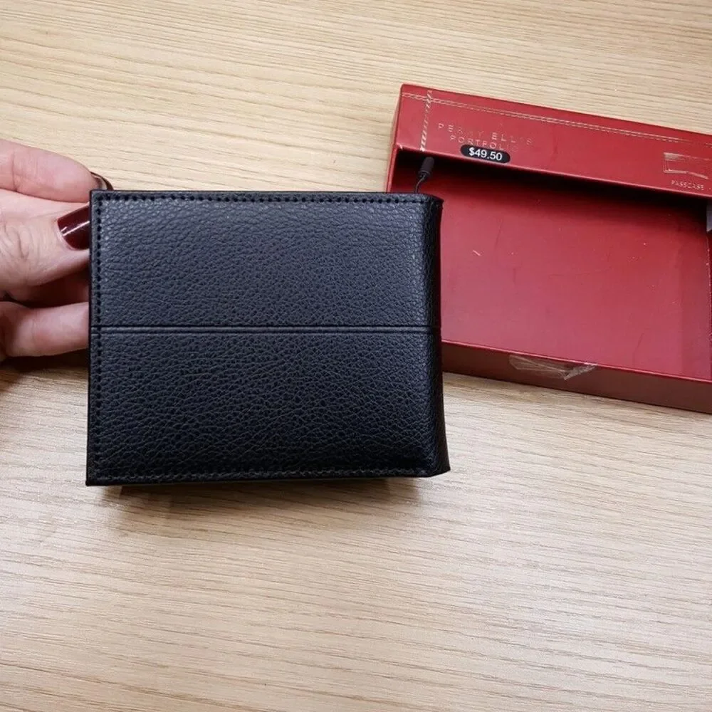 PERRY ELLIS Mens Wallet Black Leather Bifold Passcase RFID